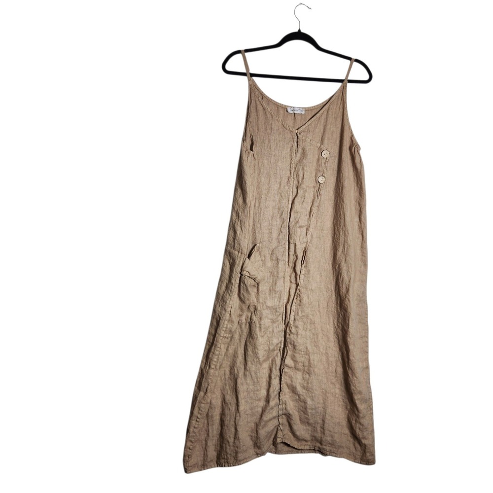Linen Luv Tan 100% Linen Button Front Midi Dress Made in Italy Womens Medium